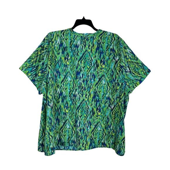 Catherines Top 3X 26/28W Blue Green Abstract Ikat Button Down Short Sleeve Shirt - Picture 6 of 8